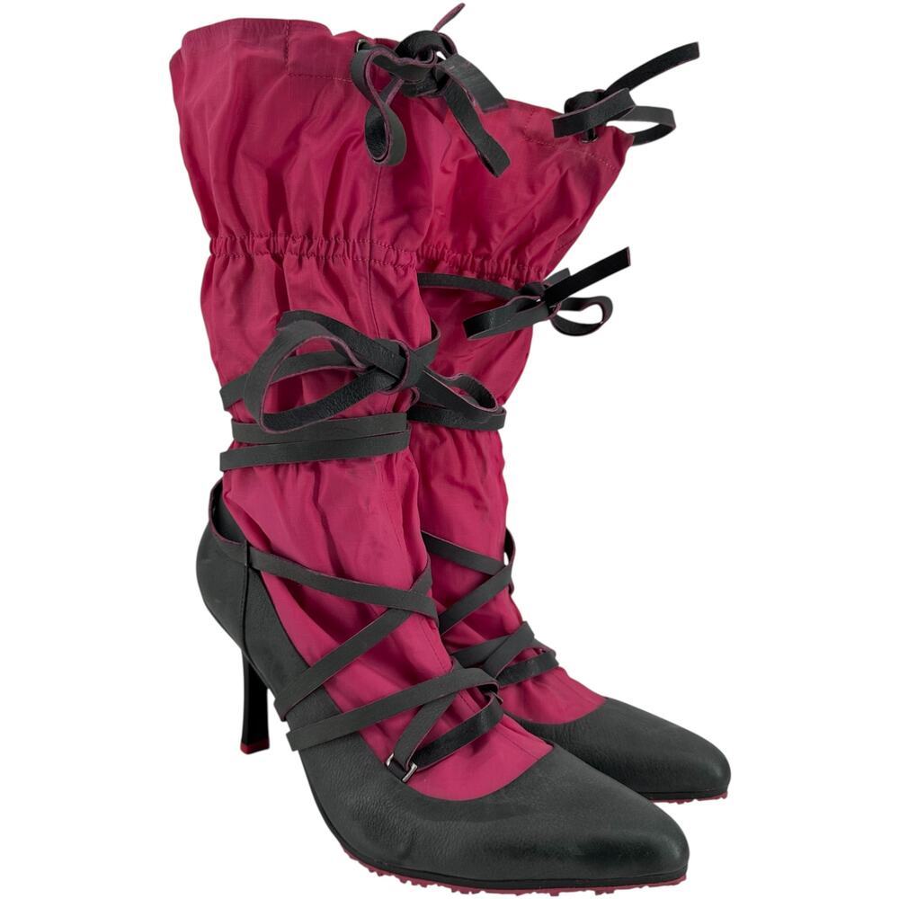 Vintage Diesel Kiruna Heeled Boots Y2K Lace Up Nylon Leather Straps Pink Gray 8